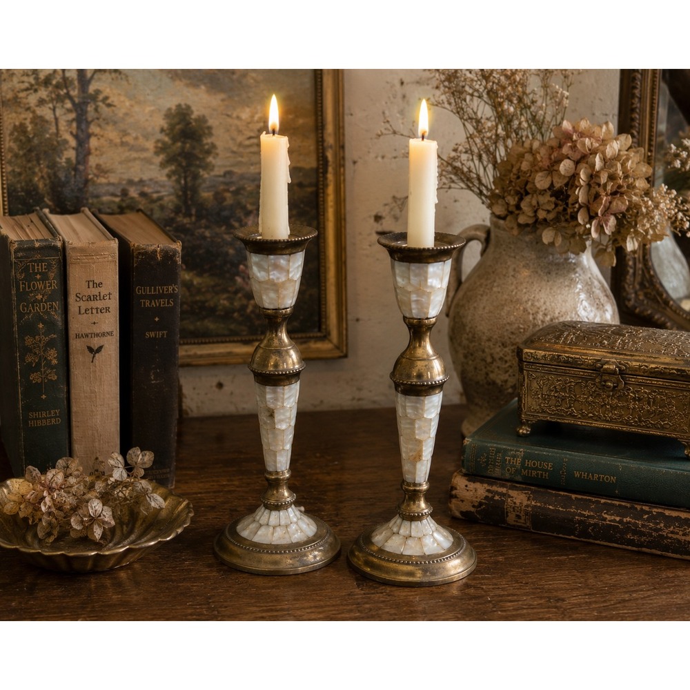 Vintage Brass and Mother of Pearl Candlestick Holders Set of 2 Mosaic Shell 8.5"
